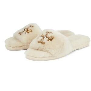 Tory Burch Jeweled Double T Shearling Fur Slide sandals NEW Size 8